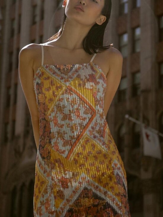 Zara Dresses & Skirts - Spaghetti Strap Sequined Printed Maxi Dress in Mustard and Multicolor